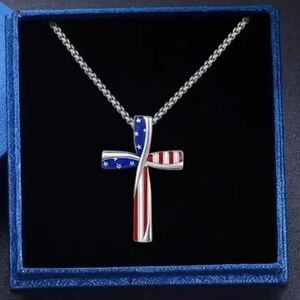 American Flag Cross Pendant Necklace - Silver Tone Red & Blue